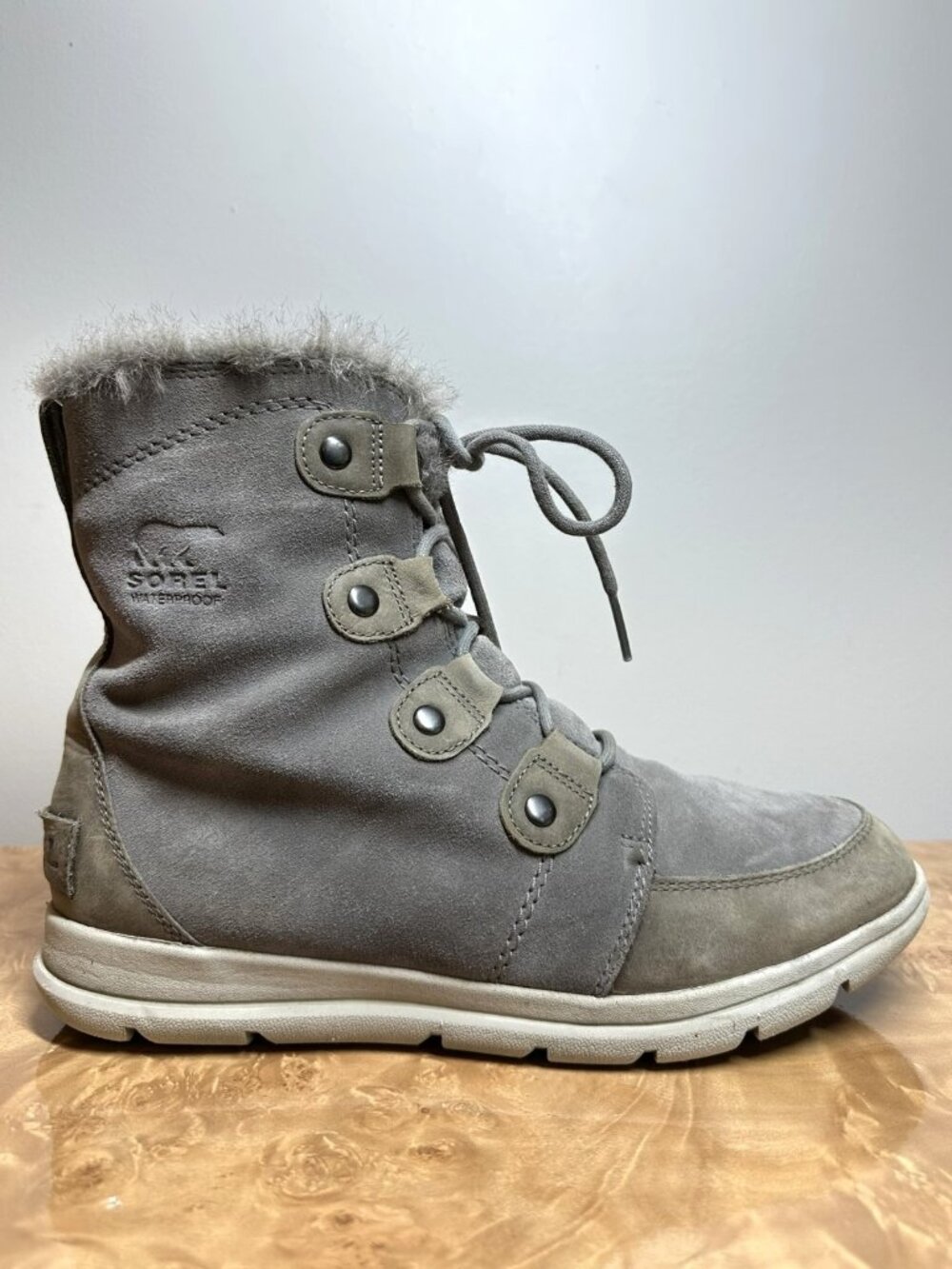 SOREL Explorer Joan Boots Womens 10 Gray Suede Faux Fur Waterproof Winter